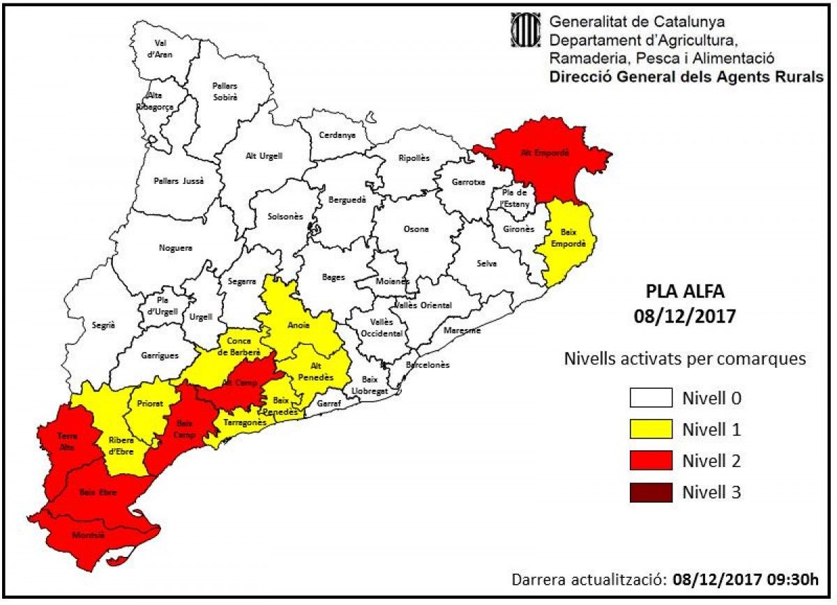 Mapa del risc d'incendi forestal d'este divendres 8 de desembre
