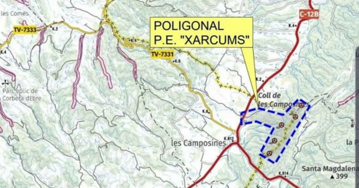 Plànol amb la ubicació del parc eòlic Xarcums a La Fatarella, Ascó i Móra d'Ebre a tocar del Memorial de les Camposines. Imatge del 29 d'abril del 2021 (vertical)