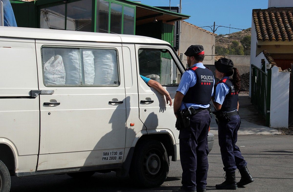 Dos agents dels Mossos d'Esquadra comproven la procedència de les garrofes que porten en una furgoneta a l'entrada d'un moli de Campredó, a Tortosa