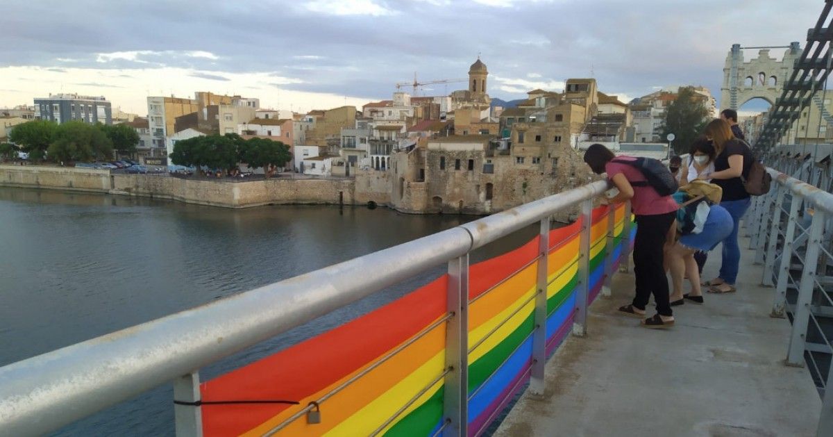 Durant la jornada es va penjar la bandera LGTBIQ al Pont Penjant d'Amposta 