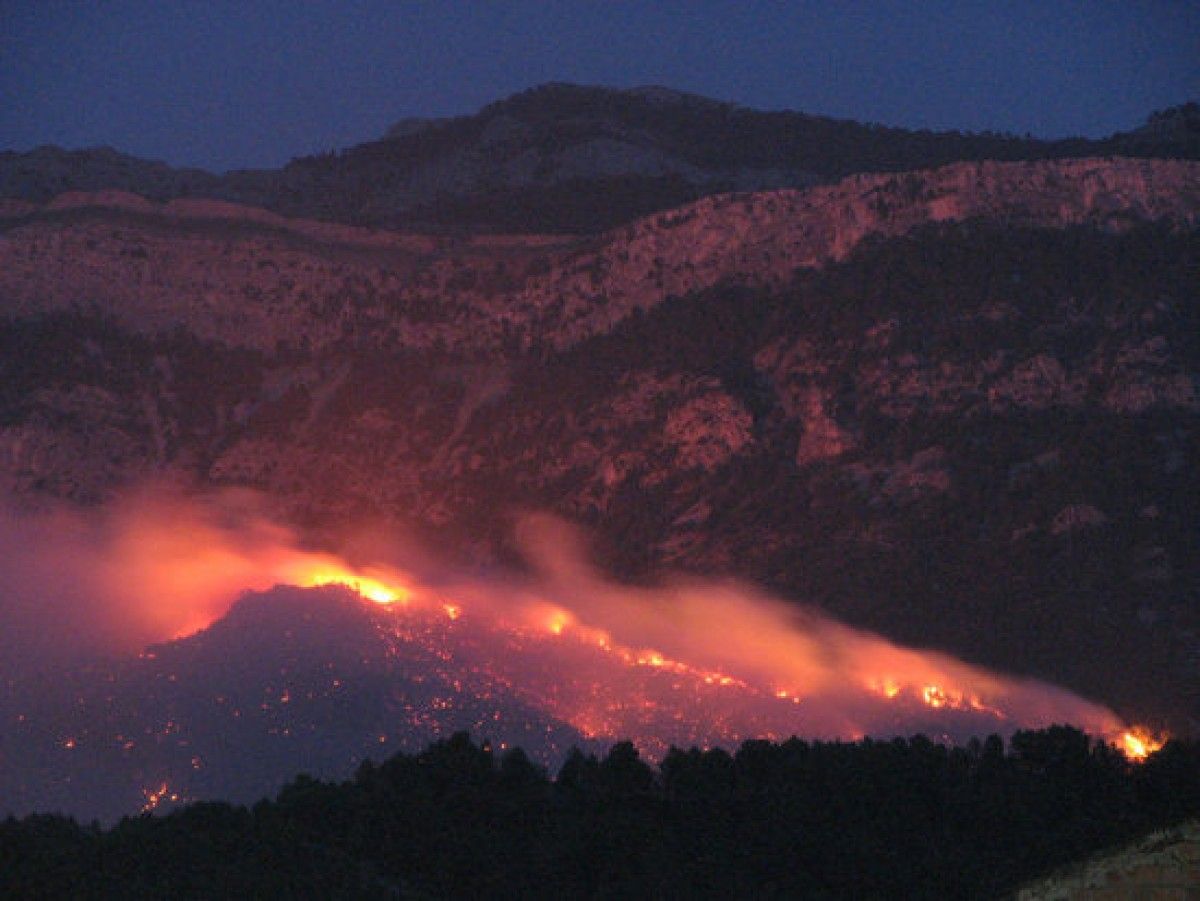 Pla general d'una de les serralades dels Ports cremant durant l'incendi d'Horta de Sant Joan. 