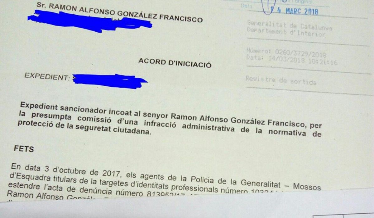 Imatge de la sanció administrativa imposada a Ramon Gonzàlez.