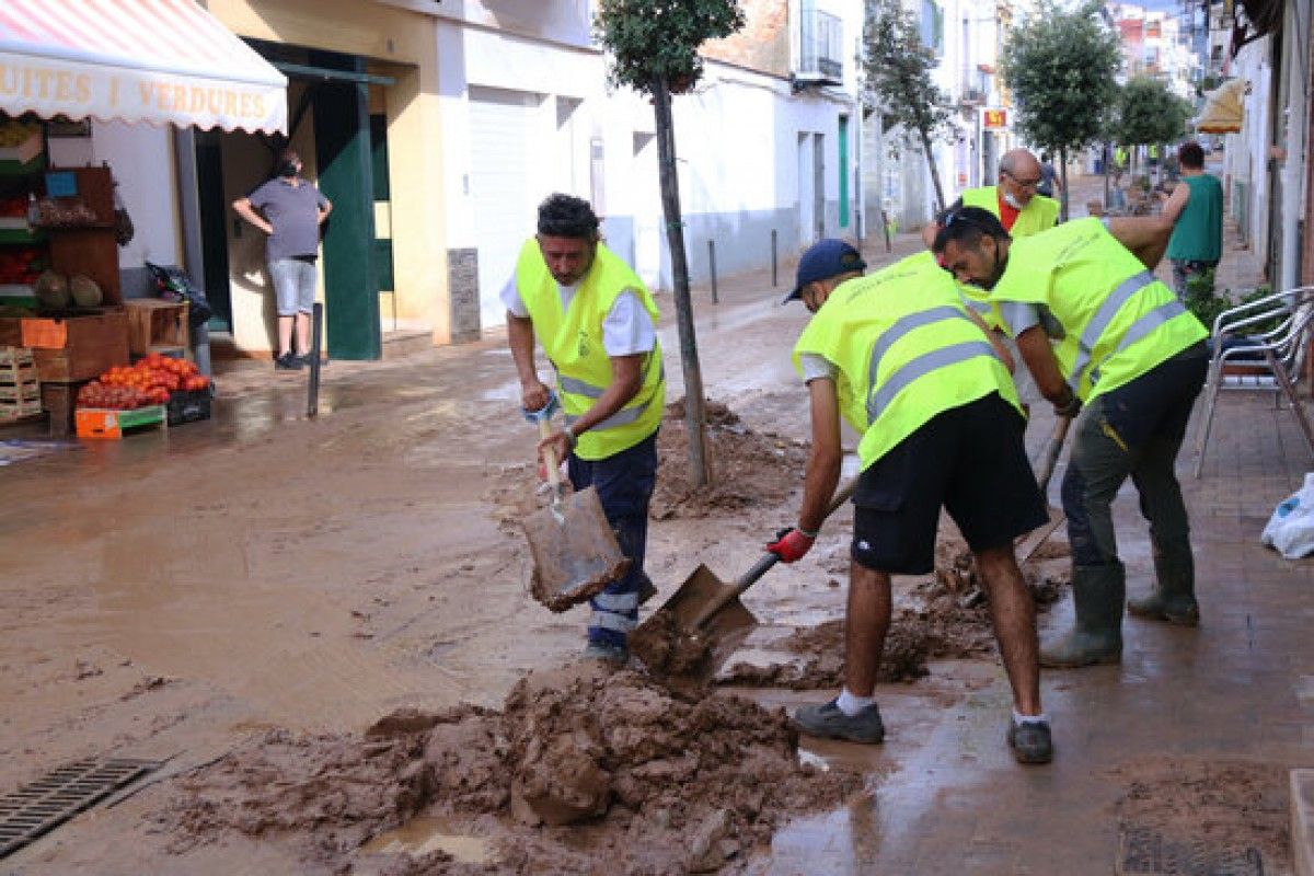 Pla mitjà d'un grup de voluntaris de l'Ametlla de Mar treballant en les tasques de neteja d'un dels carrers principals de les Cases d'Alcanar. 
