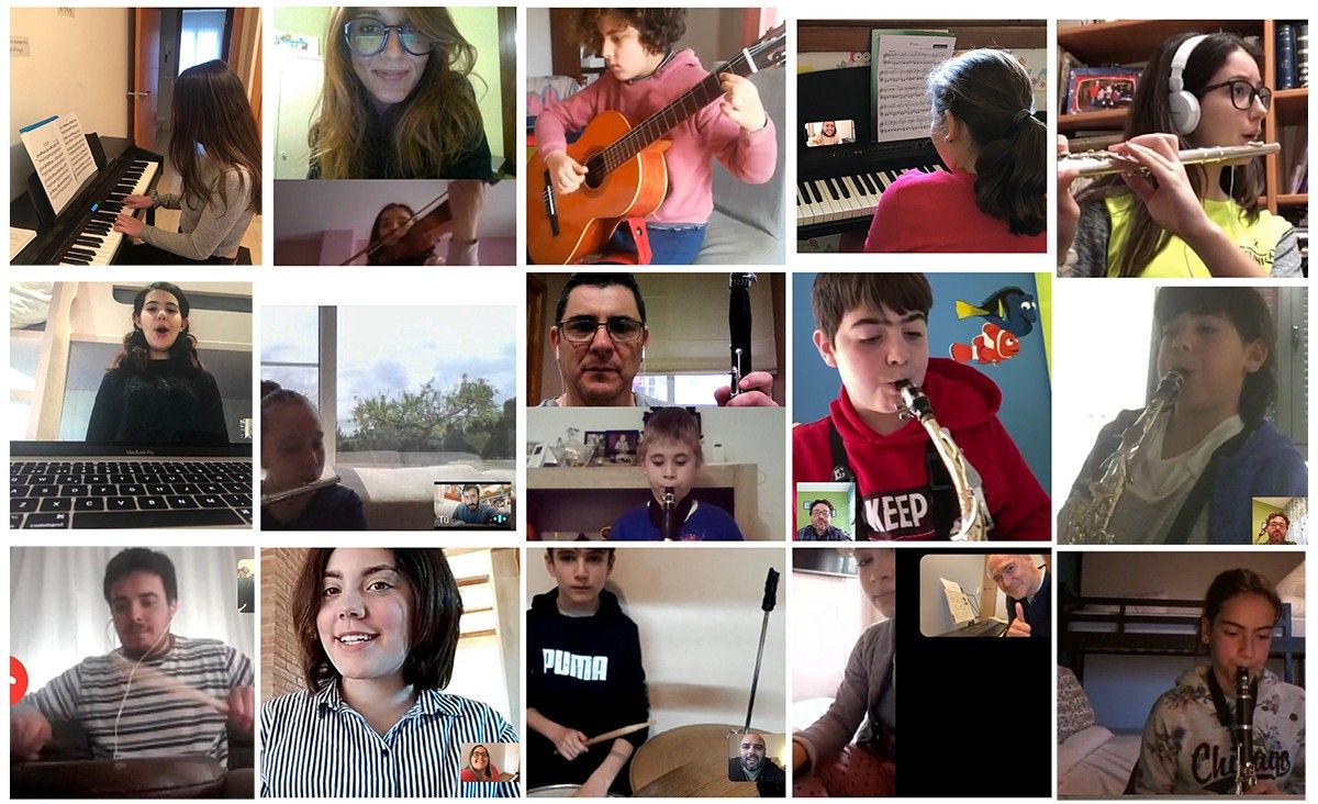 Alumnes i professors de l'escola municipal de música del Perelló fent classes online