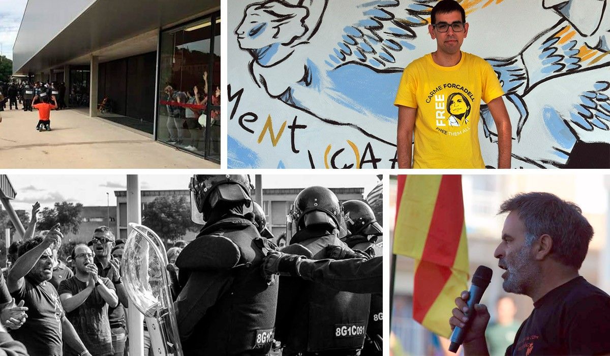 Dalt, dos imatges de Cèsar Cervera, davant les forces policials, i davant el pavelló de Roquetes. Baix, Jesús Àlvarez a les dos fotos, a Móra la Nova.
