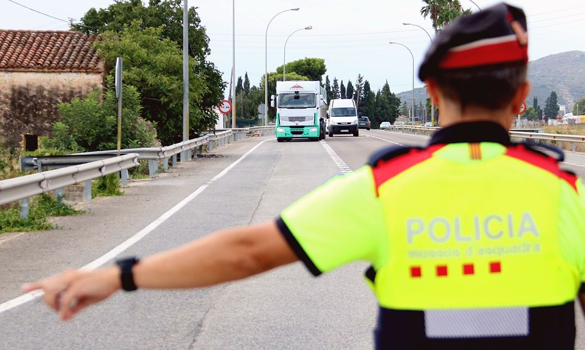Un camió arribant al punt de control dels mossos a la N-340 a Amposta. 