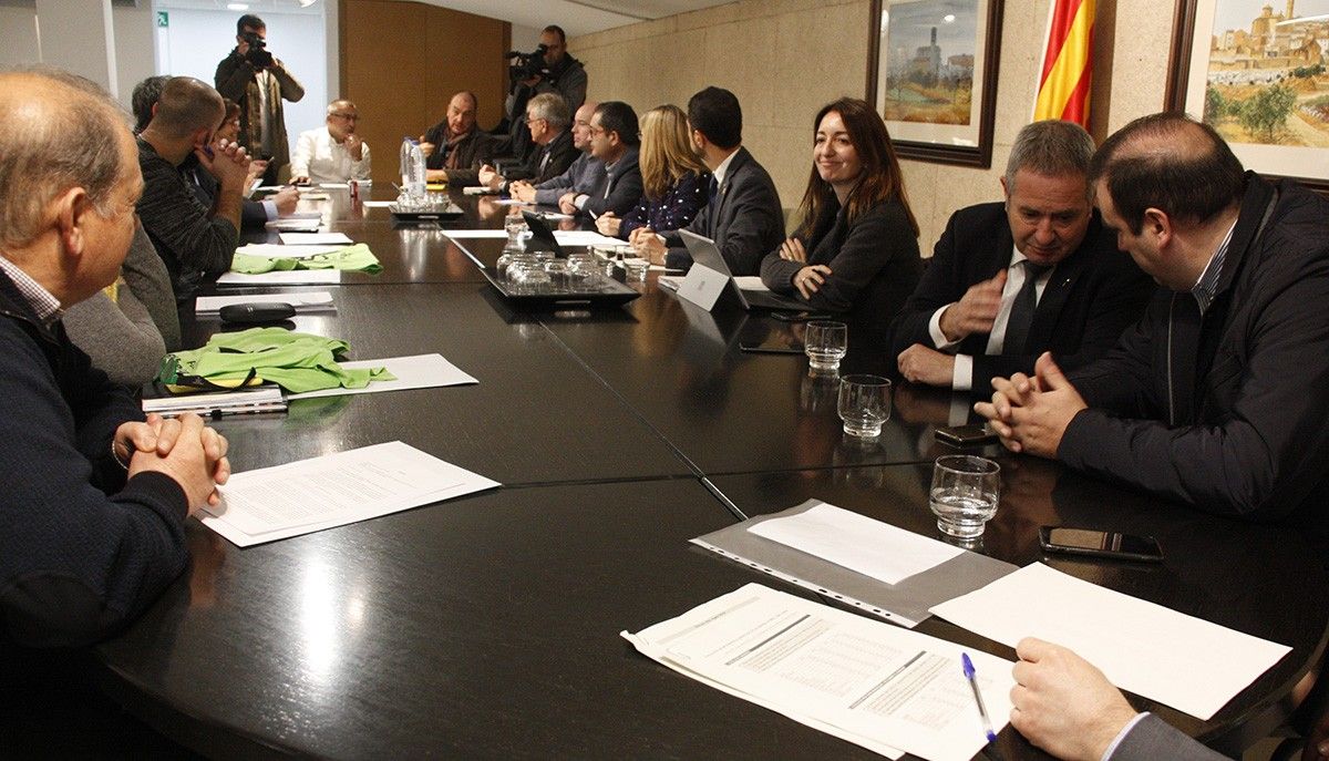 Els alcaldes i representants reunits al Consell Comarcal de la Ribera d'Ebre amb el conseller de Territori, Damià Calvet.