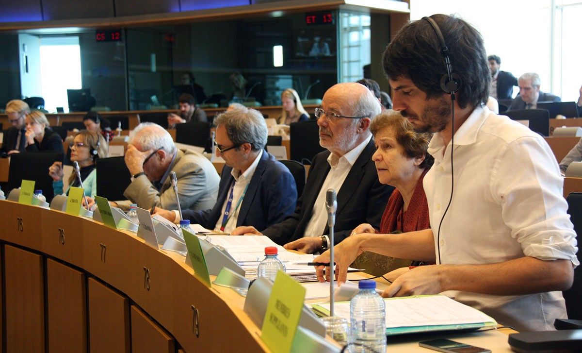 Els eurodiputats Ernest Urtasun, Josep Maria Terricabras o Ernest Maragall al comitè de Peticions on s'ha tractat el cas del Delta de l'Ebre, avui.