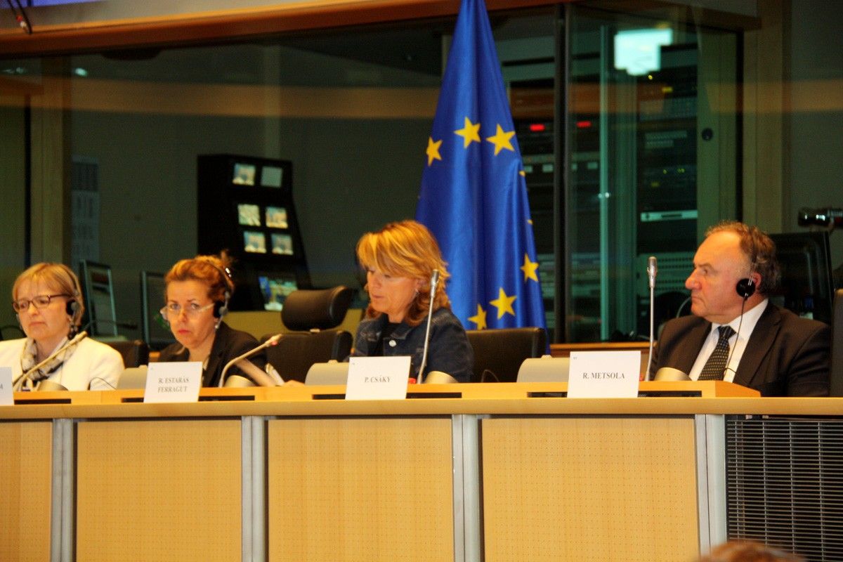 La presidenta del comitè de Peticions, Cecilia Wikstrom, amb l'eurodiputada del PP, Rosa Estaràs, i el ponent de la missió a l'Ebre, Pál Csáky, ahir