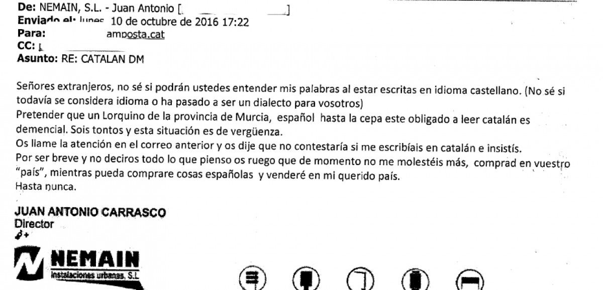Mail rebut de part del director de NEMAIN S.L a l'Ajuntament d'Amposta.
