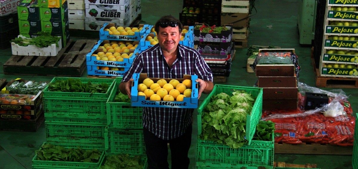 El president de la Cooperativa de l'Aldea, Miguel Carles, entre caixes de verdures i fruites al magatzem de l'agrobotiga de l'entitat.