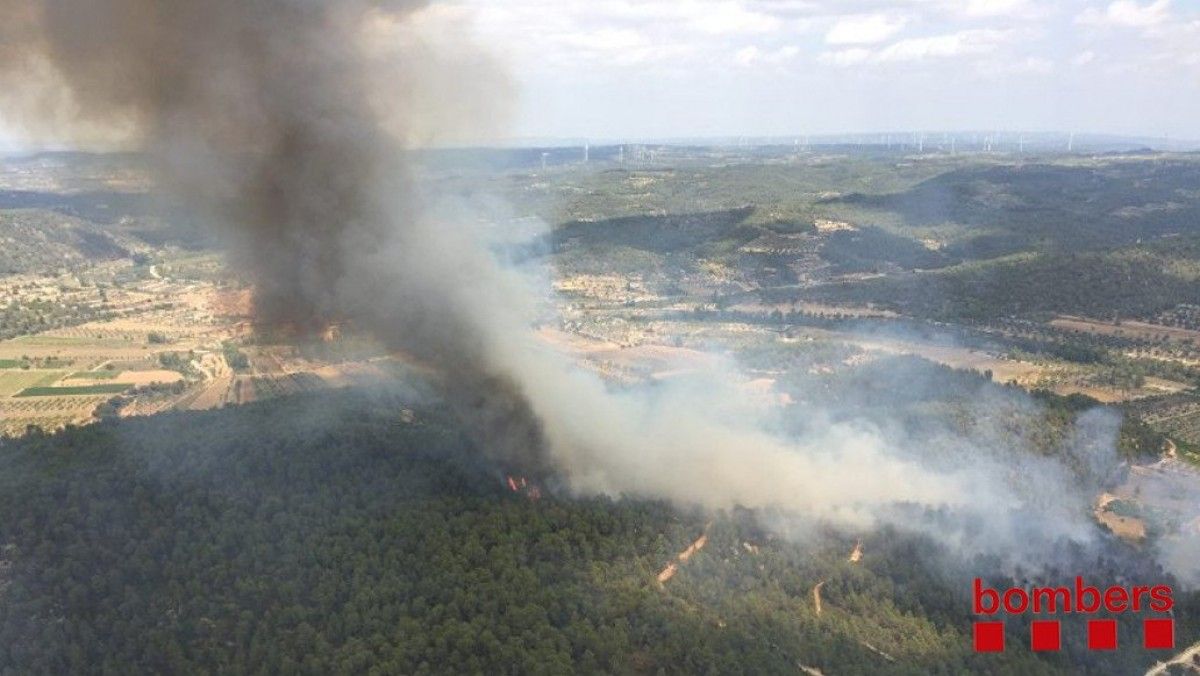 Vista aèria de l'incendi declarat al terme d'Arenys de Lledó.