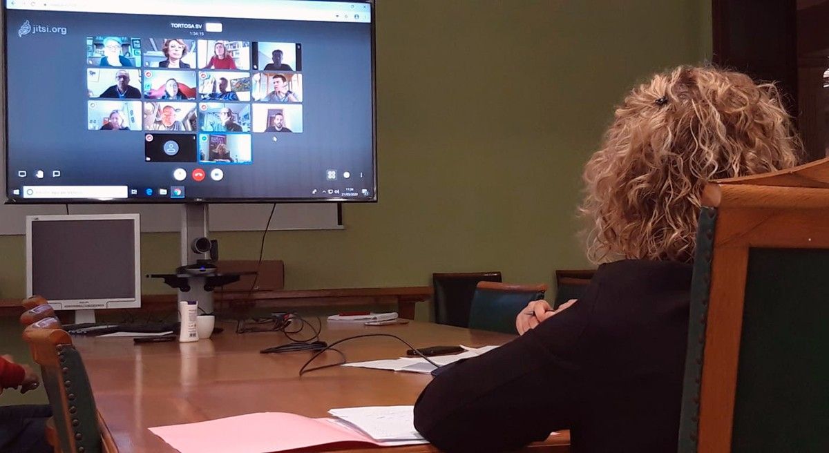 Imatge d'arxiu de l'alcaldessa Roigé en una reunió telemàtica amb la comissió de seguiment de la covid-19-