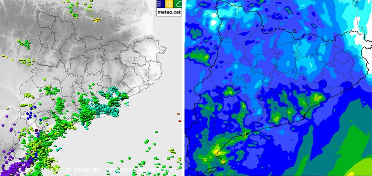Mapa dels llamps registrats, a l'esquerra, i de la pluja caiguda este dimarts.